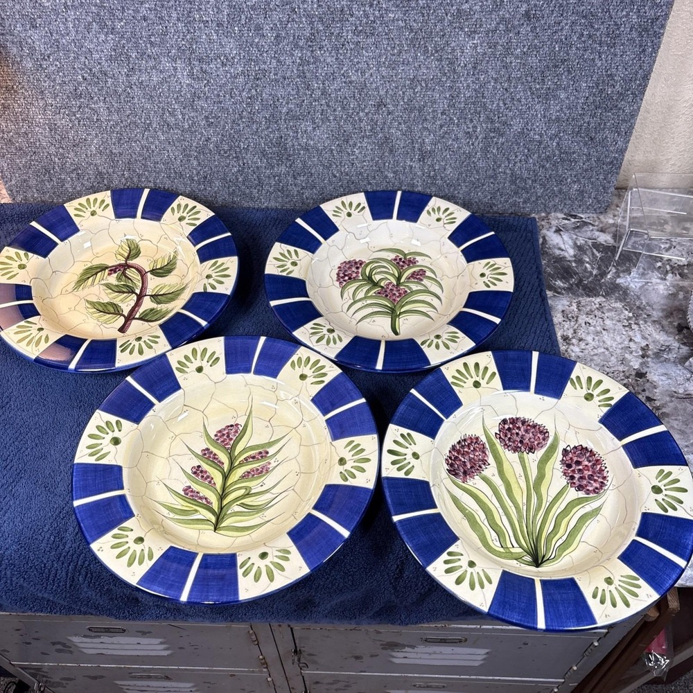 4~Vtg~Laurie Gates Dinner Plates~Dark Blue Band/Green Plants